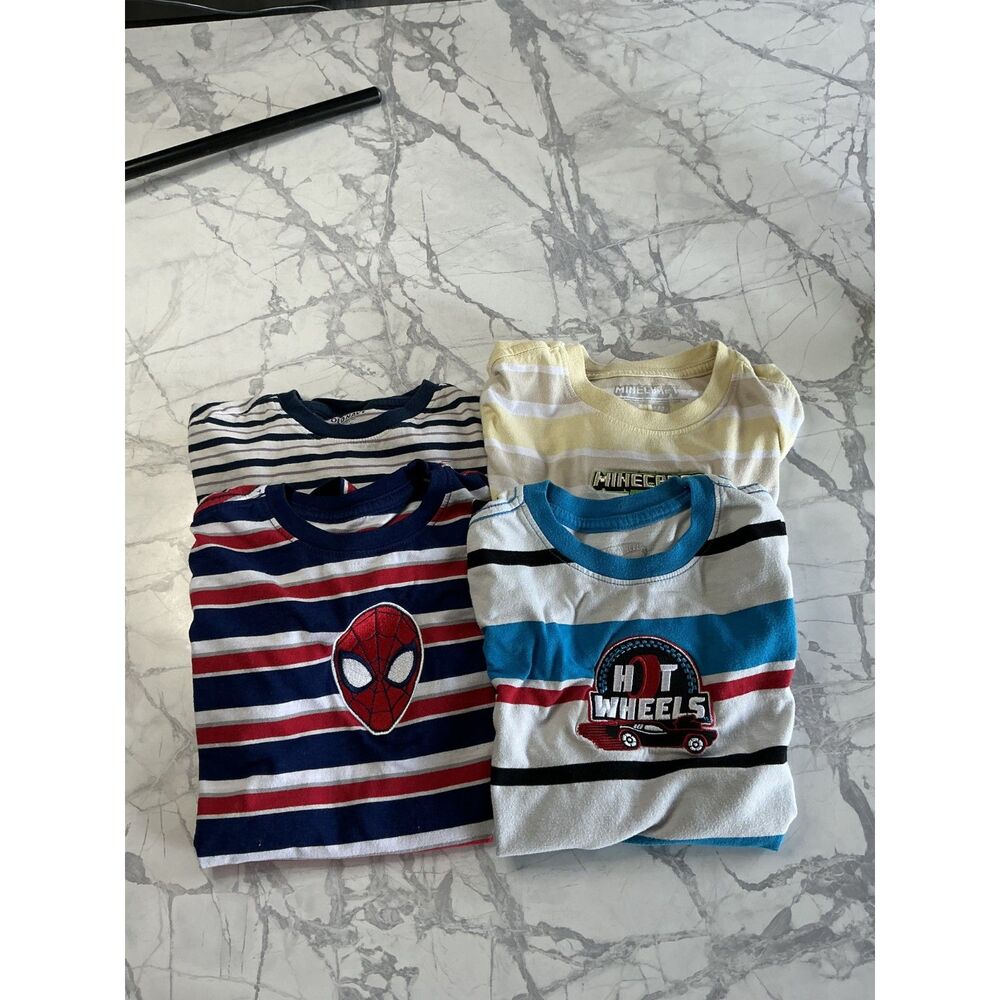 Boys Striped T Shirt Lot of 4 Size 6-8 Minecraft Spider-Man Hot Wheels Old Navy